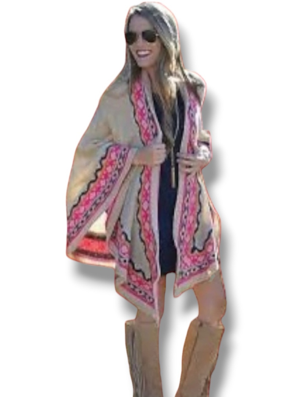 Fate Boho Embroidered Knit Poncho Shawl Festival Tan Pink OS